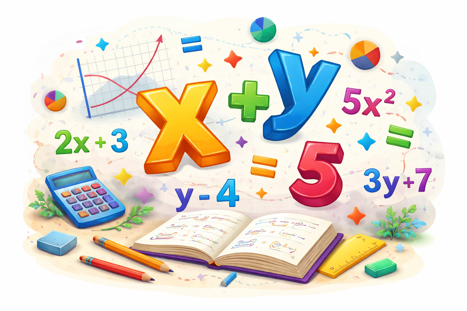 A colorful illustration showing symbols representing variables and expressions alongside basic algebraic elements like equations.