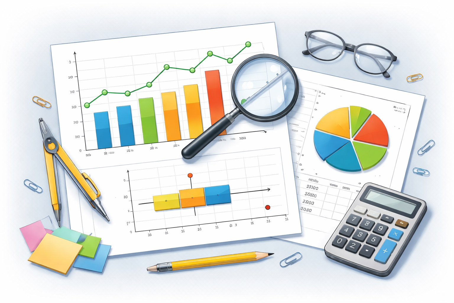 An educational illustration showing graphs, charts, and statistical tools used in data analysis.